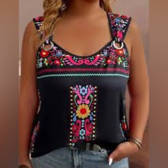 Tops - Tank Top Black Scoop Neck Mexican Floral 2XL